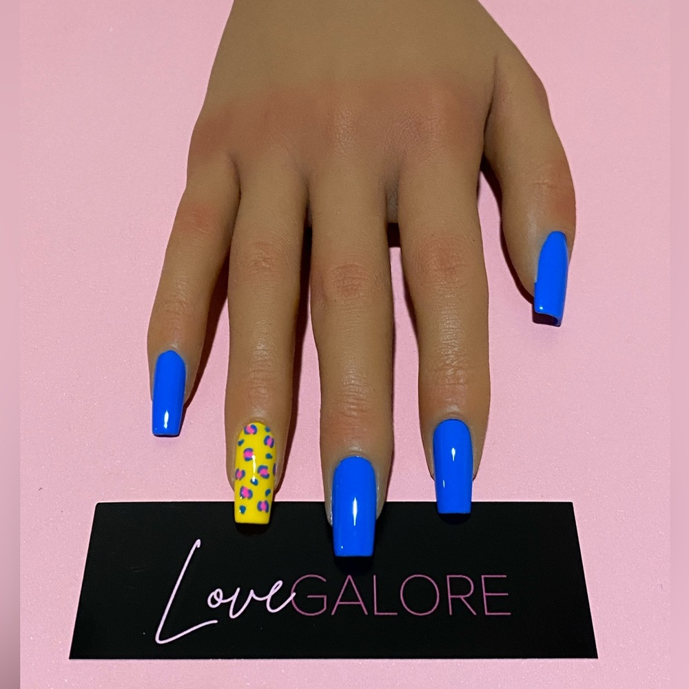 Hand Crafted Medium Square Blue Leopard Love Galore Press On Nails